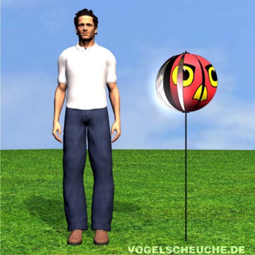 3D-Darstellung: eine Person steht neben dem auf einer Stange montierten Windrotor TURBINE zum Größenvergleich.