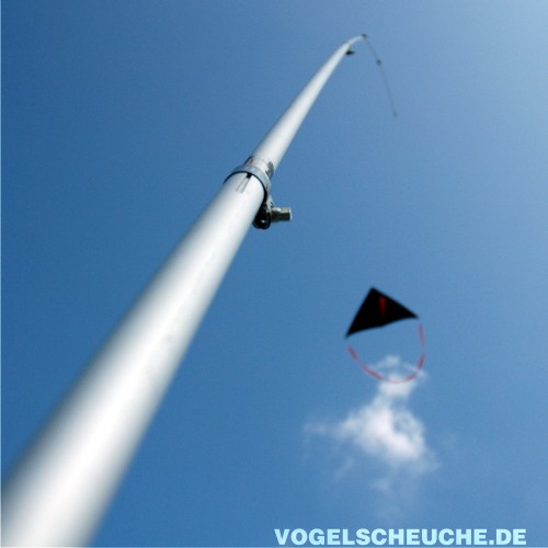 Blick die Flugzeugaluminium-Teleskoprute mit flexibler Glasfiberspitze hinauf zum fliegenden Vogelscheuchdrachen.