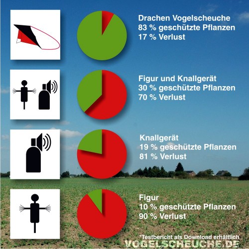 Testergebnis-Grafik: Der Vogelscheuchdrachen schützt 83 Prozent der Pflanzen, deutlich mehr als Knallgerät oder starre Figur.